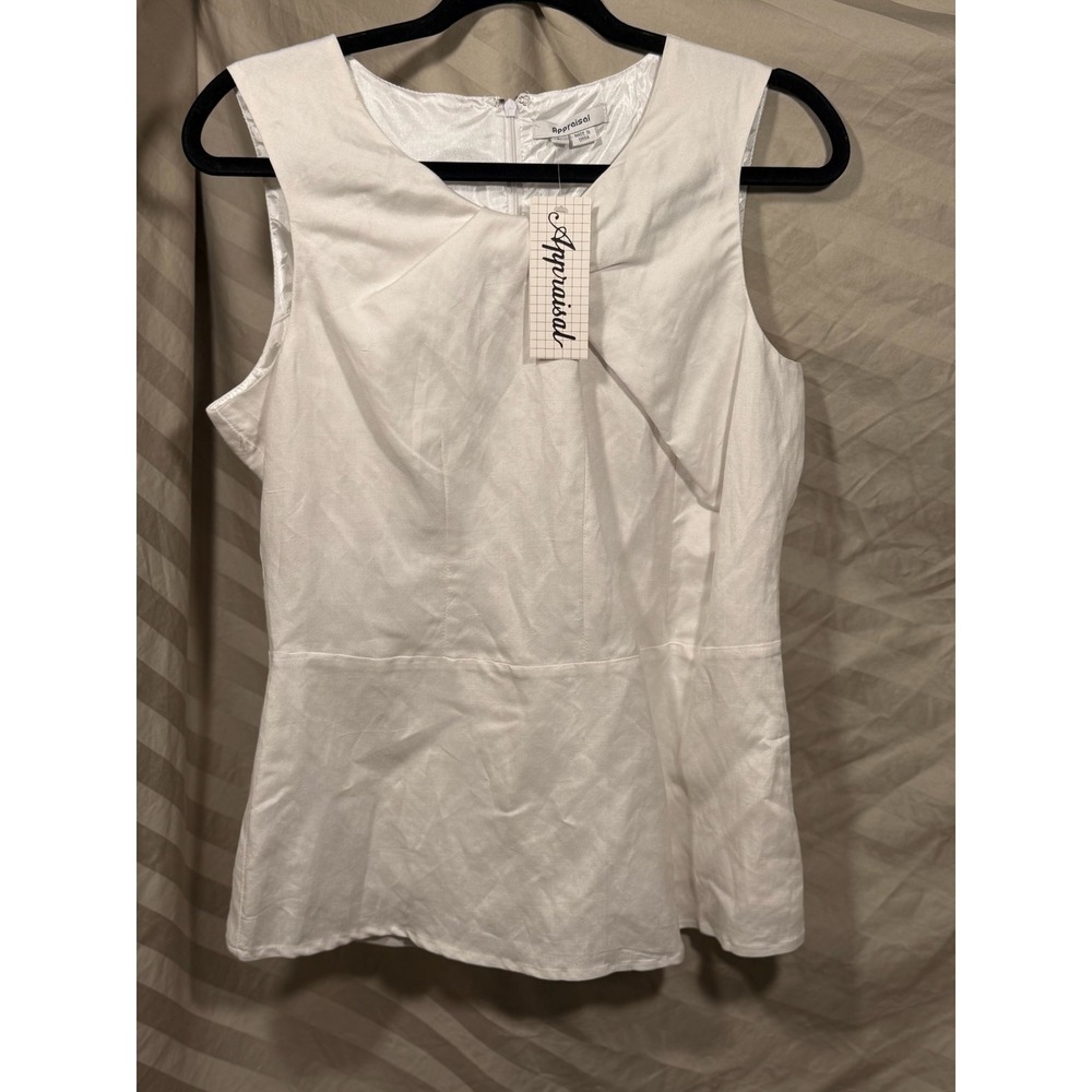 Appraisal Womens White Sleeveless Twist Neck Peplum Top Size L Zipper Back